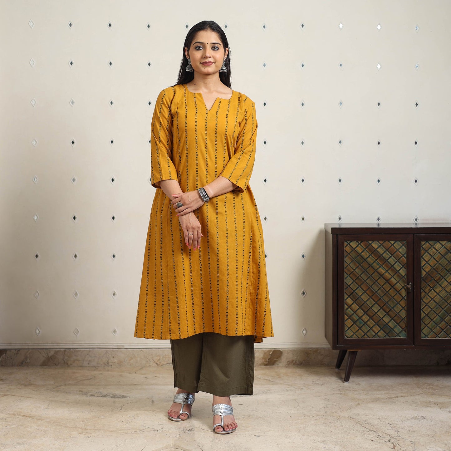 Yellow  A-Line Cotton Jacquard Kurta