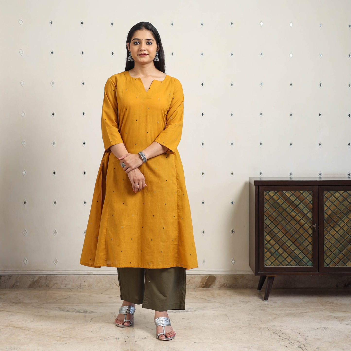 Yellow A-Line Cotton Jacquard Kurta
