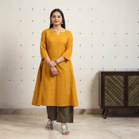 Yellow A-Line Cotton Jacquard Kurta