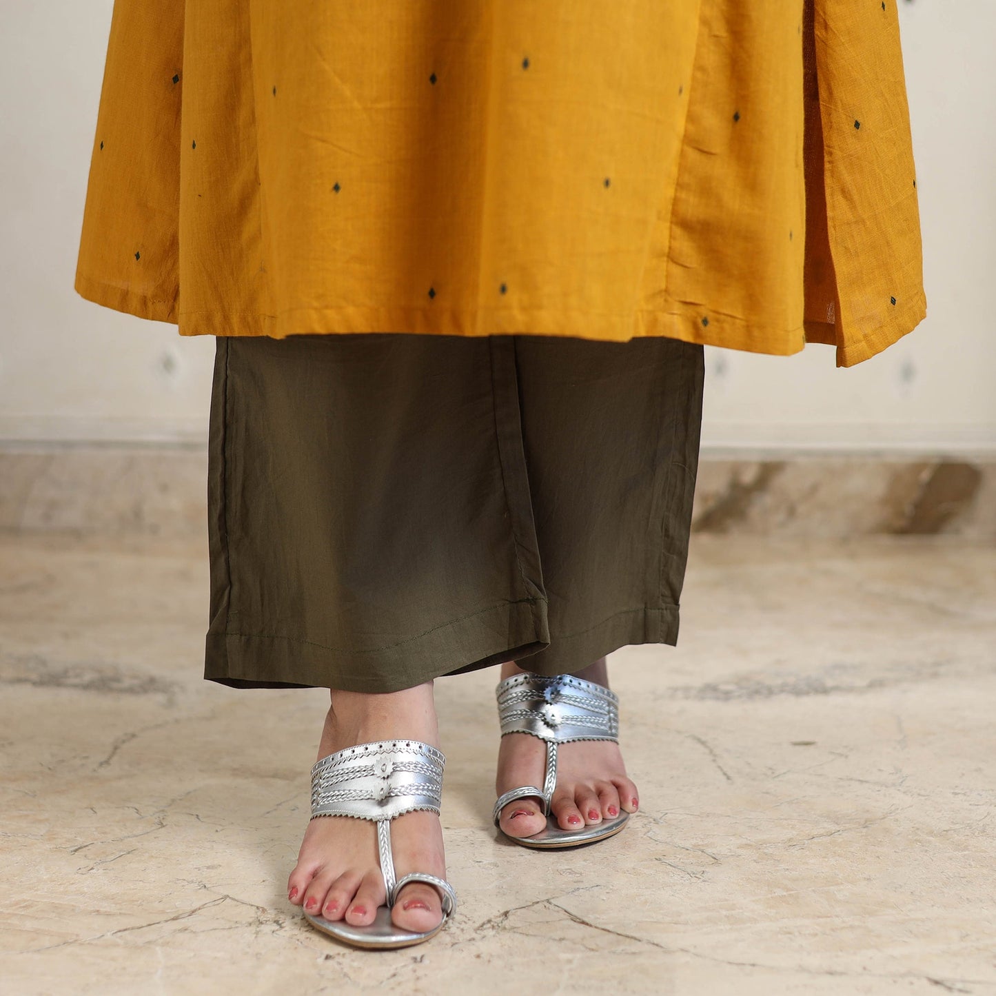 Yellow A-Line Cotton Jacquard Kurta