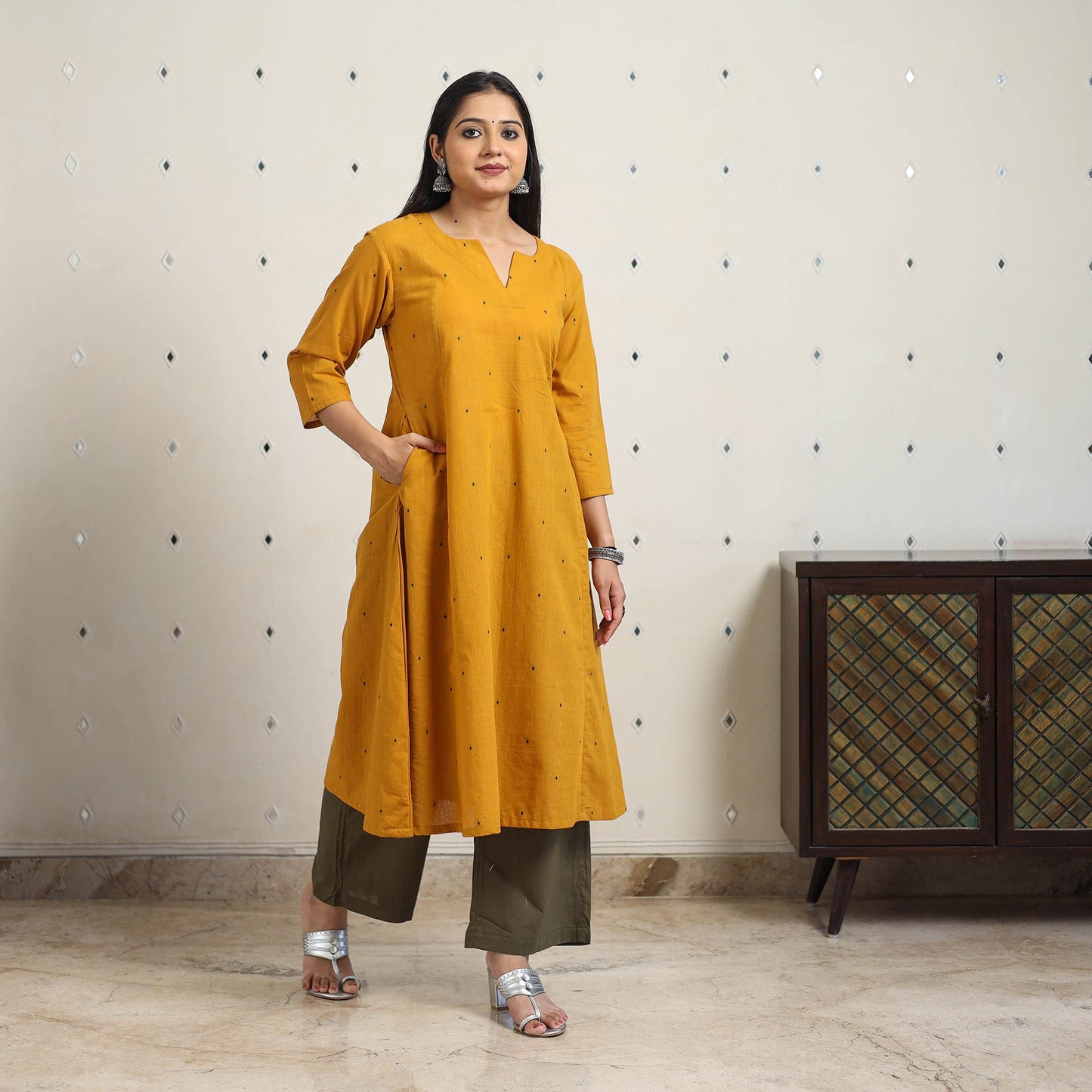 Yellow A-Line Cotton Jacquard Kurta