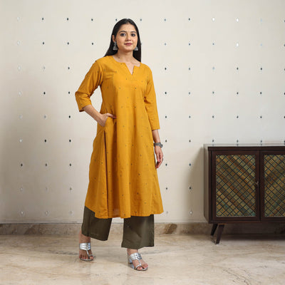 Yellow A-Line Cotton Jacquard Kurta