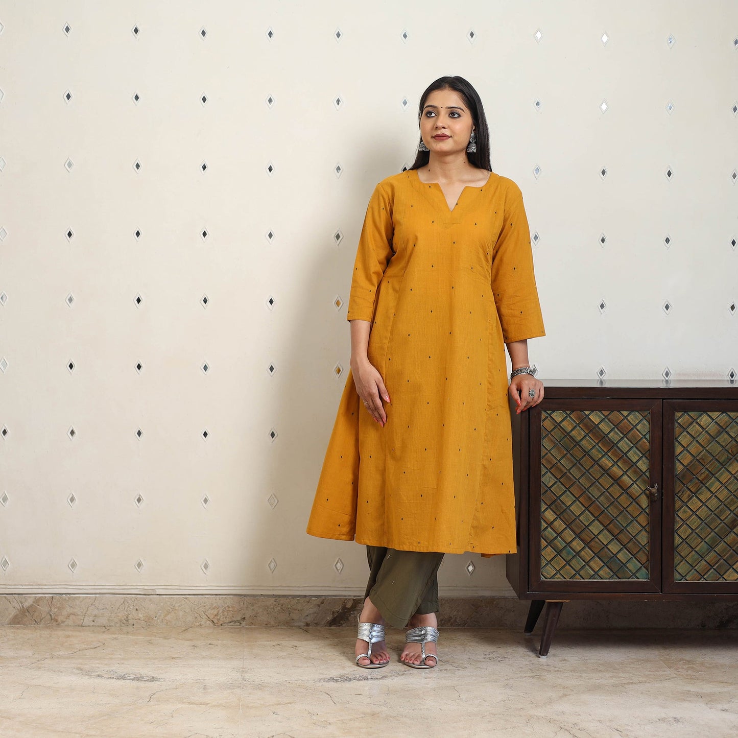 Yellow A-Line Cotton Jacquard Kurta