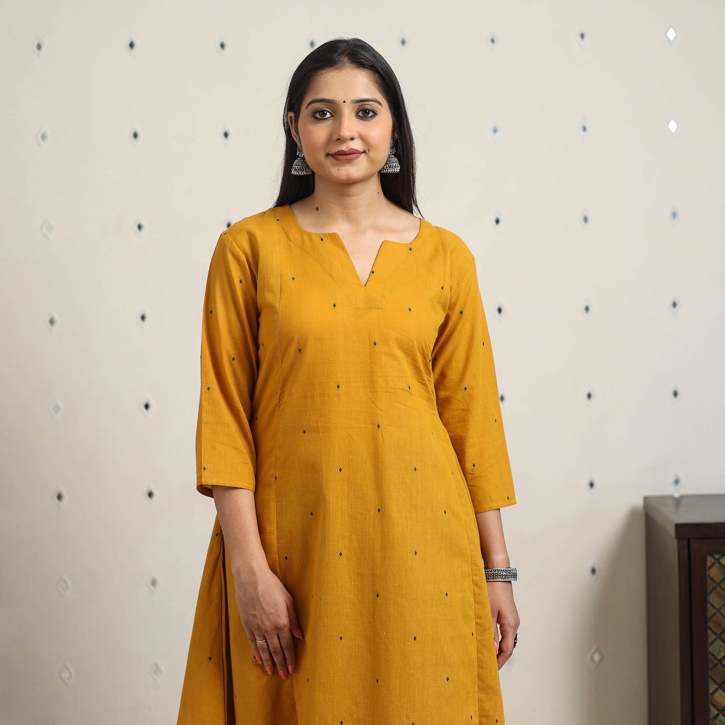 Yellow A-Line Cotton Jacquard Kurta