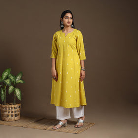 Yellow A-Line Cotton Jacquard Kurta