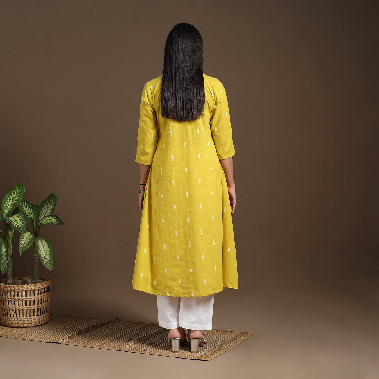 Yellow A-Line Cotton Jacquard Kurta