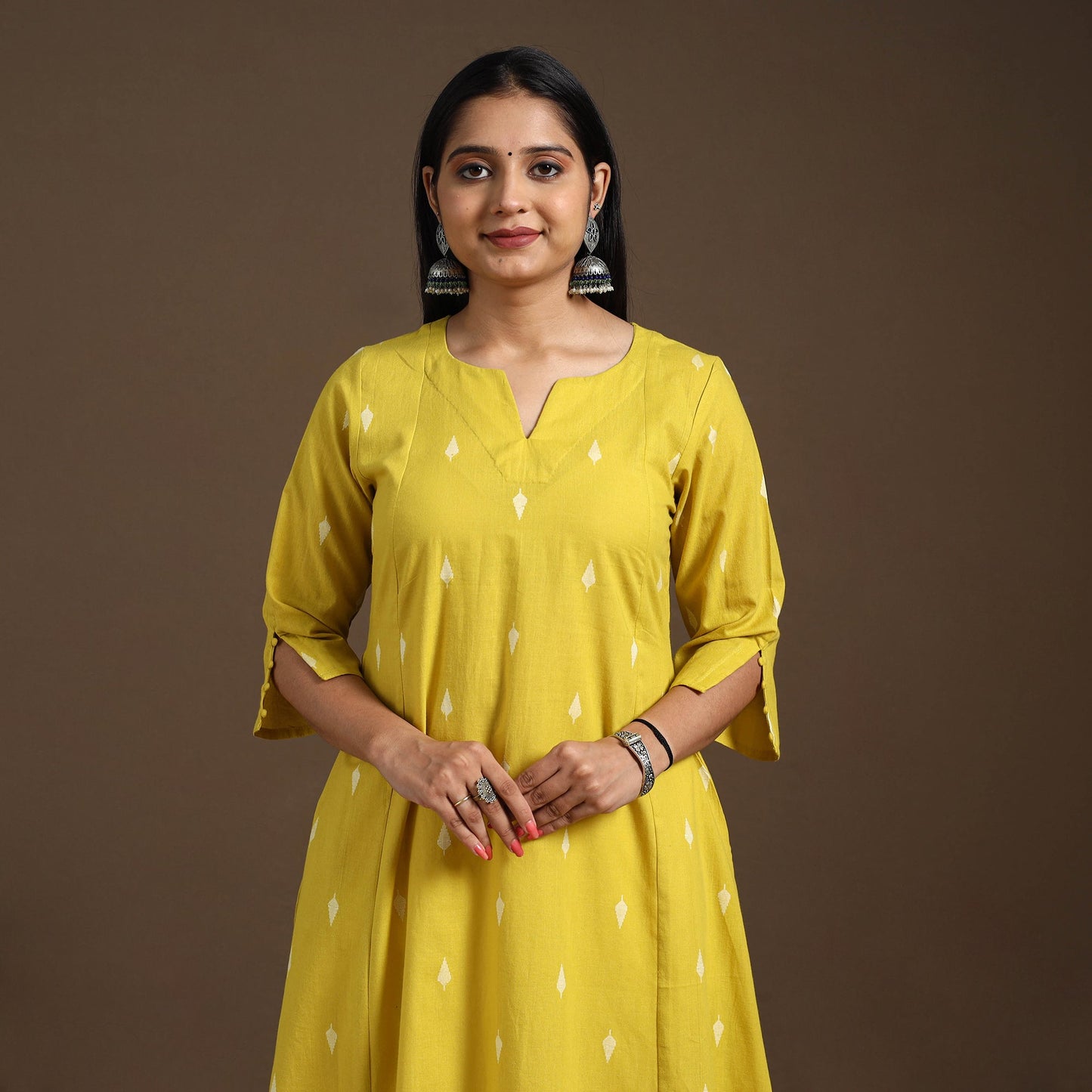 Yellow A-Line Cotton Jacquard Kurta