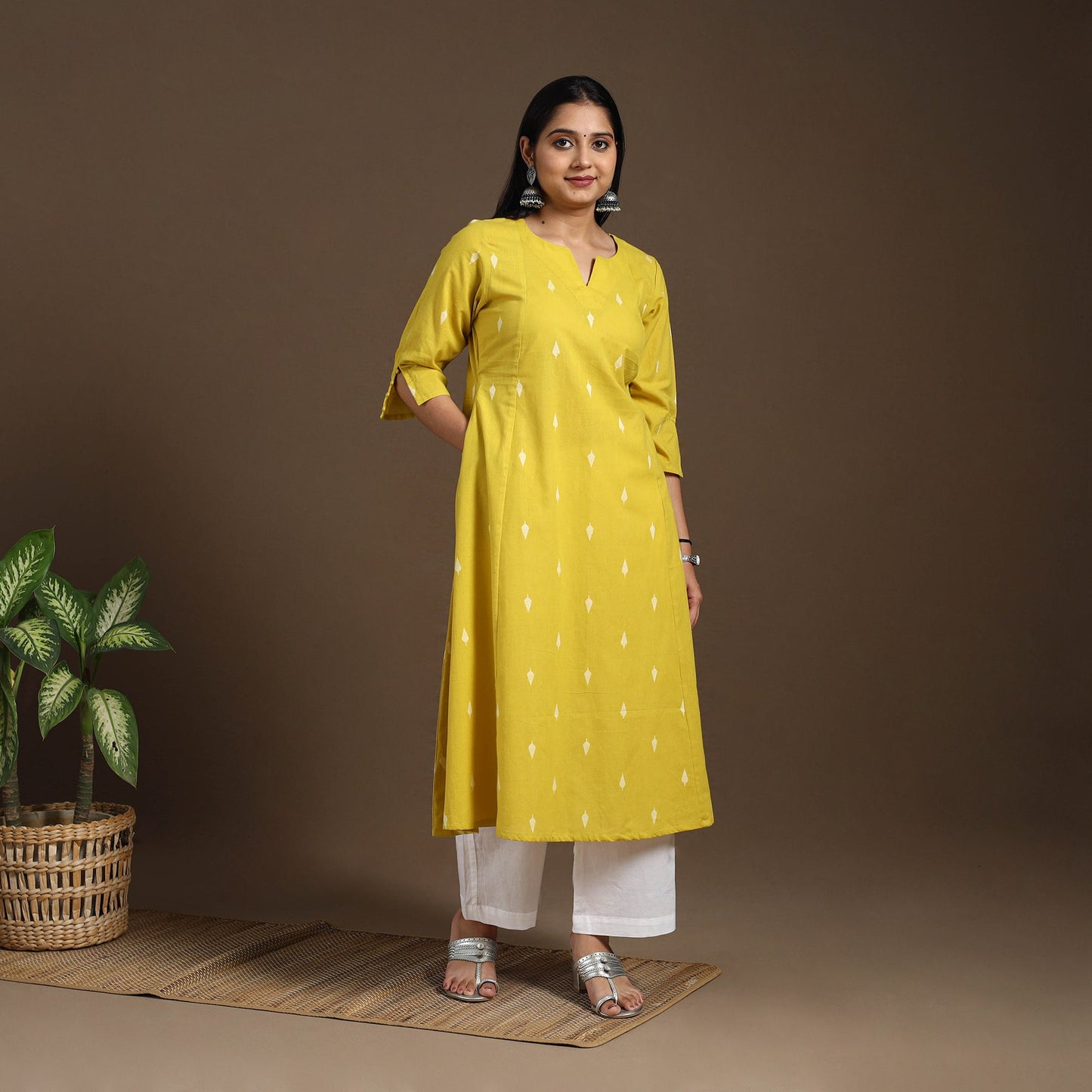 Yellow A-Line Cotton Jacquard Kurta
