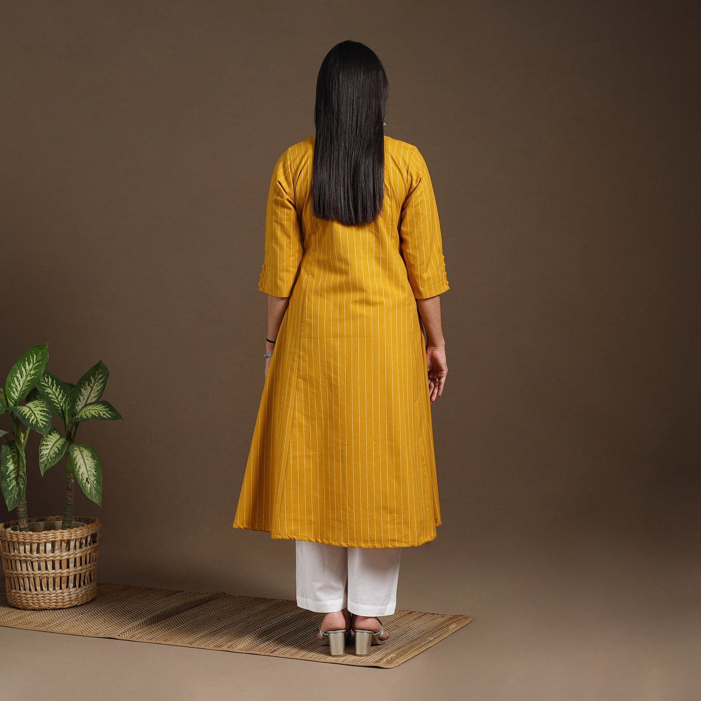 Yellow A-Line Cotton Jacquard Kurta