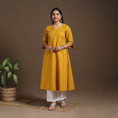 Yellow A-Line Cotton Jacquard Kurta