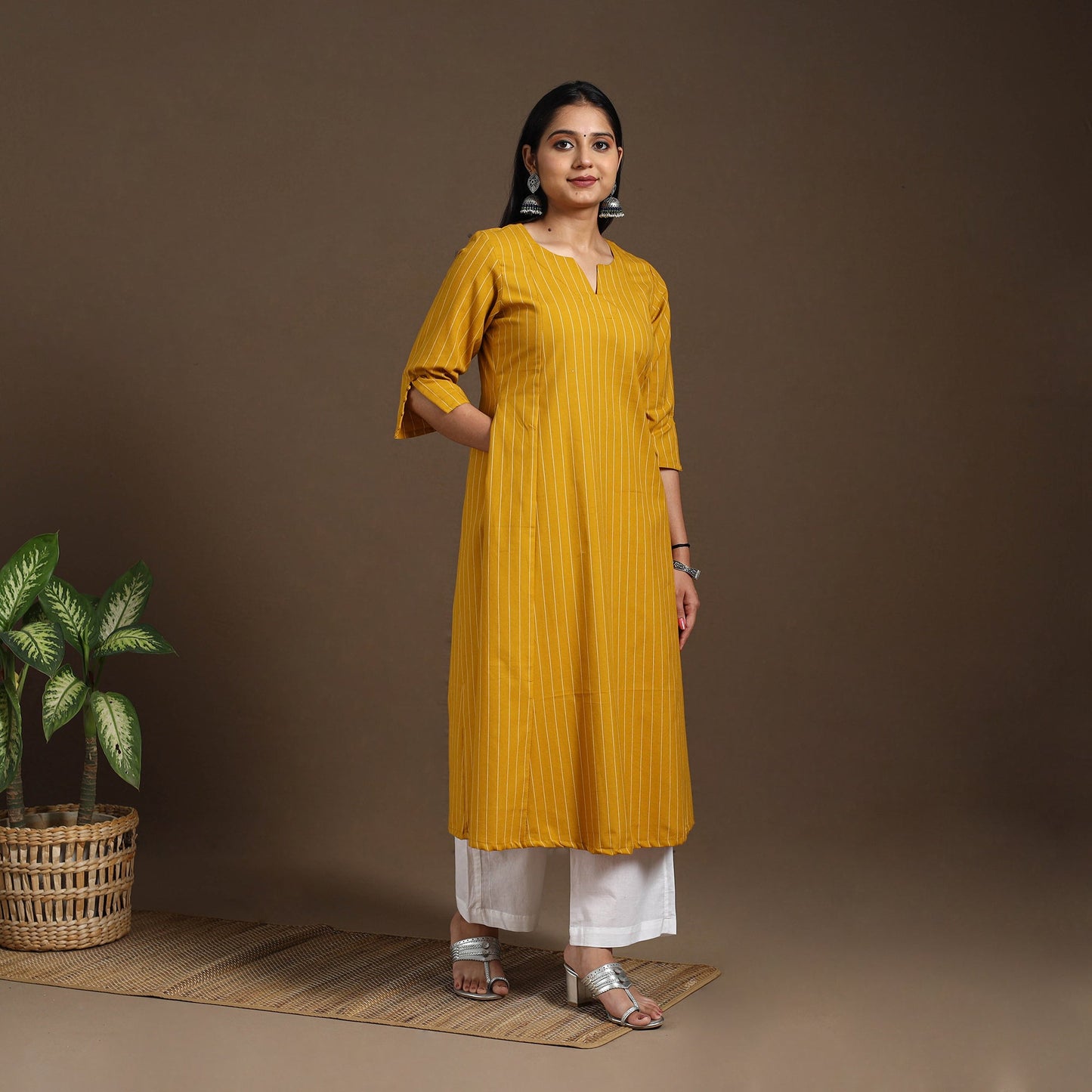 Yellow A-Line Cotton Jacquard Kurta