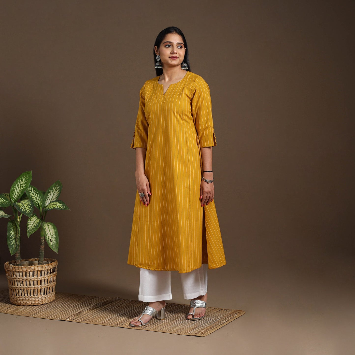 Yellow A-Line Cotton Jacquard Kurta
