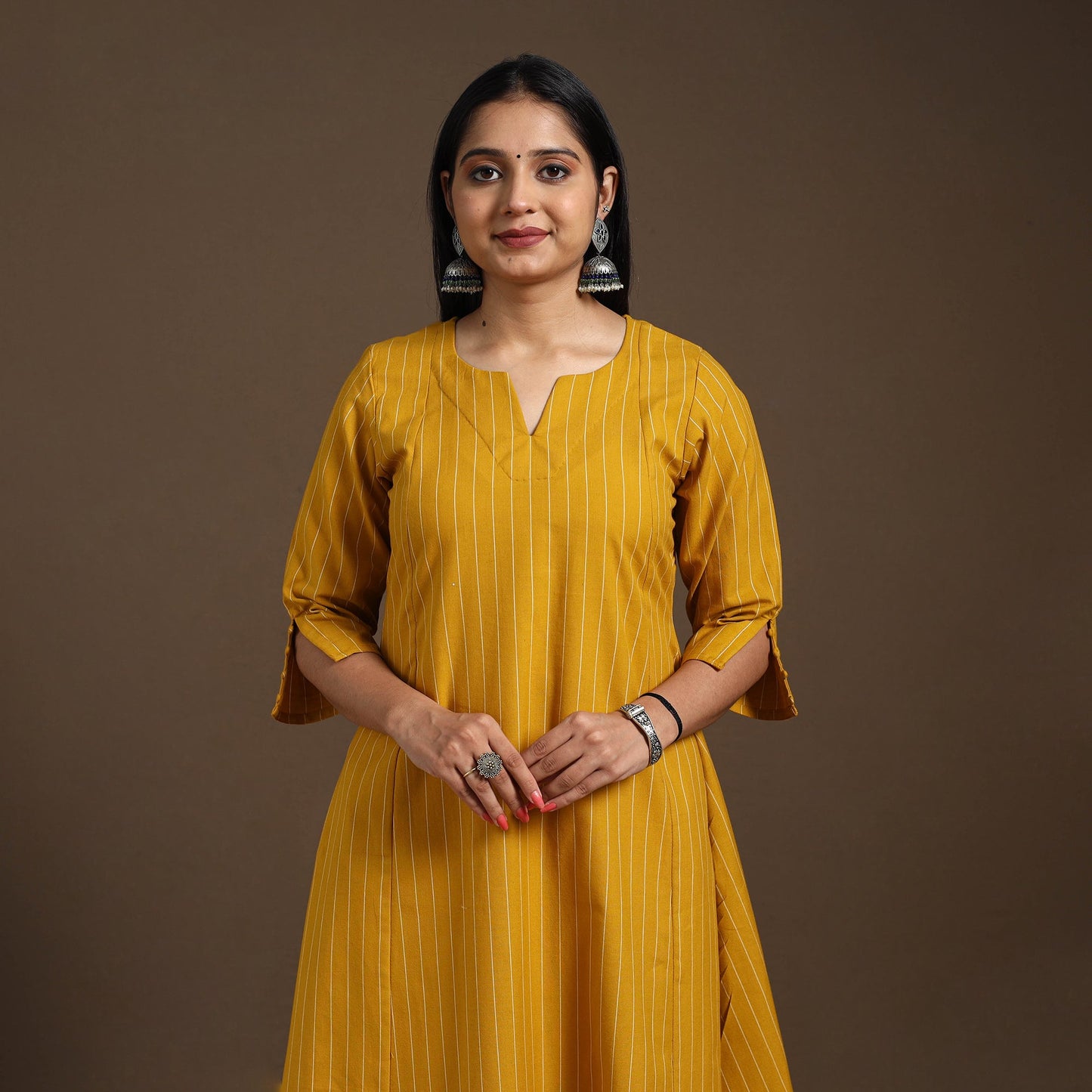 Yellow A-Line Cotton Jacquard Kurta