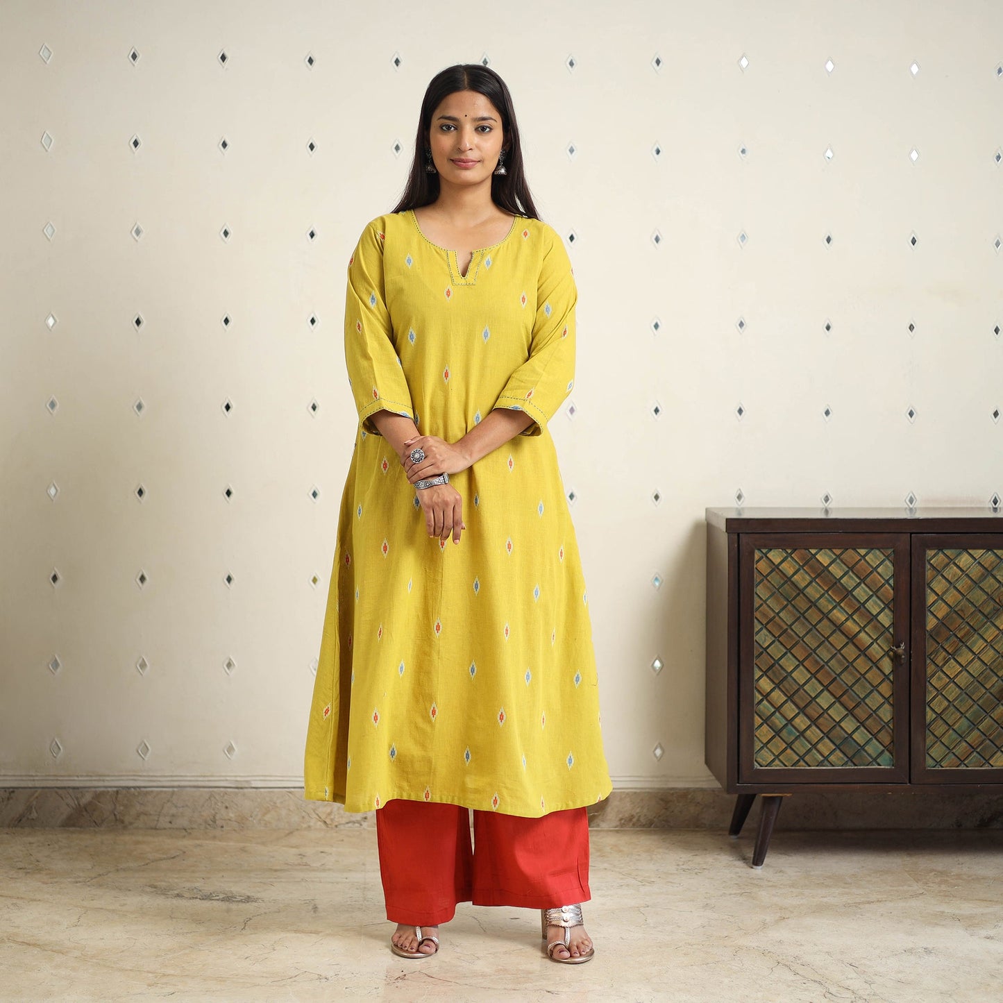 Yellow A-Line Cotton Jacquard Kurta