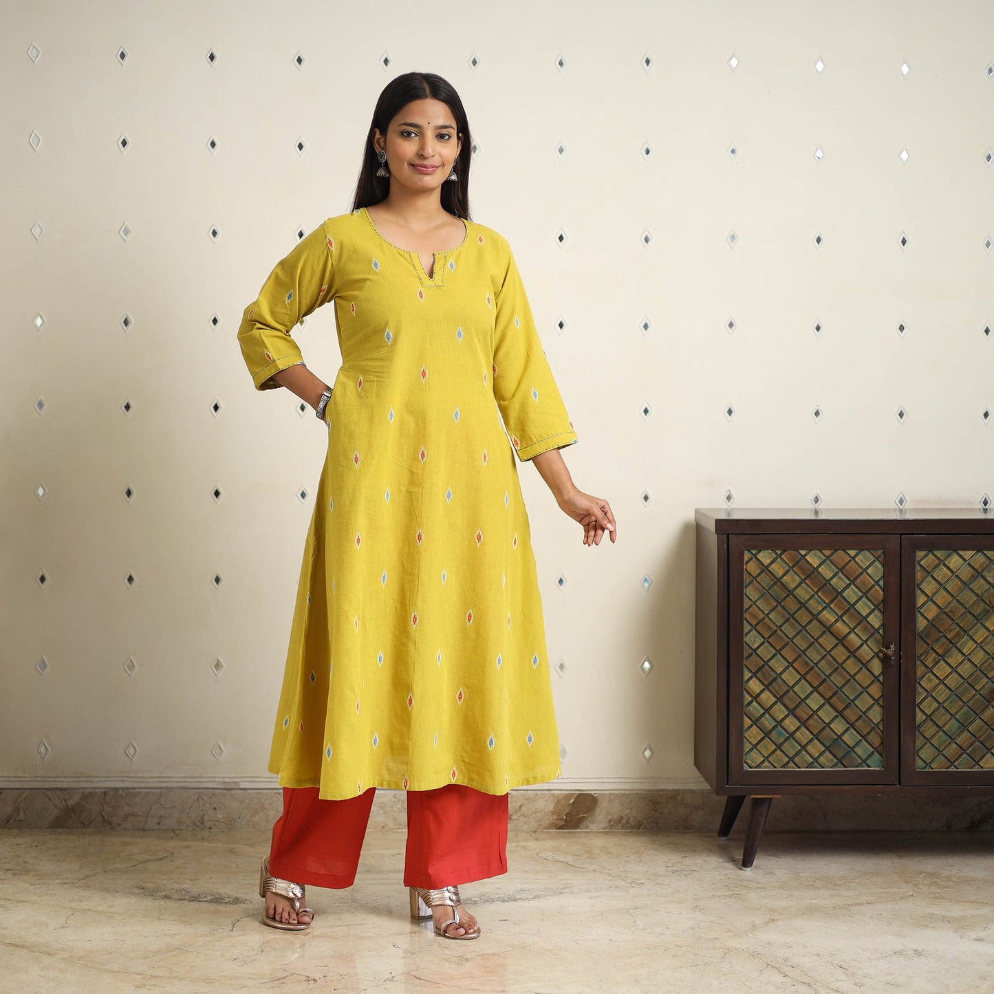 Yellow A-Line Cotton Jacquard Kurta