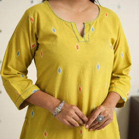 Yellow A-Line Cotton Jacquard Kurta