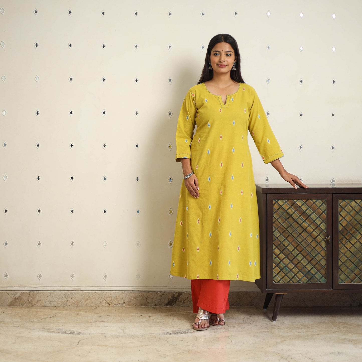 Yellow A-Line Cotton Jacquard Kurta