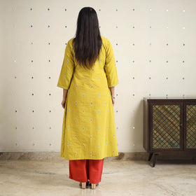 Yellow A-Line Cotton Jacquard Kurta