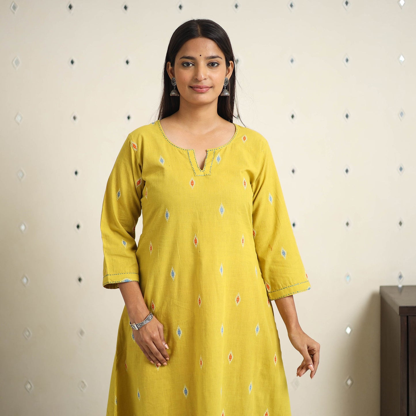 Yellow A-Line Cotton Jacquard Kurta