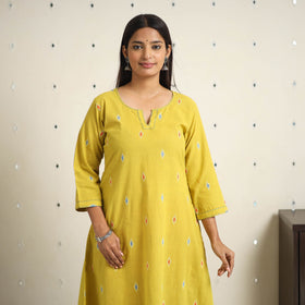 Yellow A-Line Cotton Jacquard Kurta