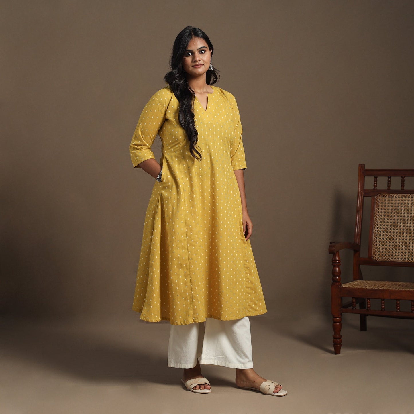 Yellow - a-line cotton jacquard kurta 19 - handcrafted