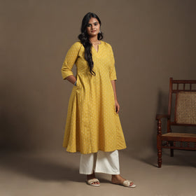 Yellow - a-line cotton jacquard kurta 19 - handcrafted