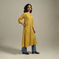 Yellow - a-line cotton jacquard kurta 19 - handcrafted