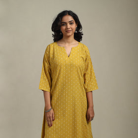 Yellow - a-line cotton jacquard kurta 19 - handcrafted