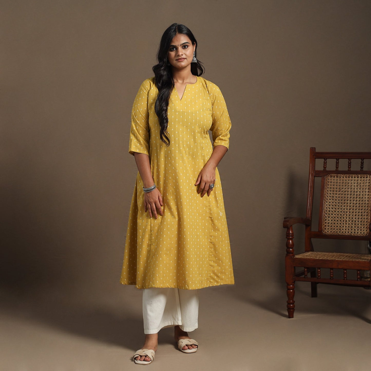 Yellow - a-line cotton jacquard kurta 19 - handcrafted