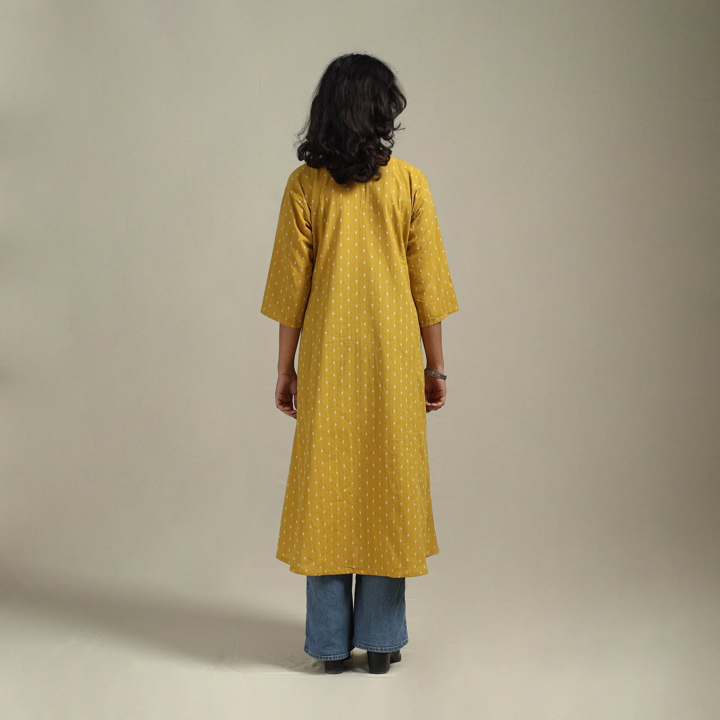 Yellow - a-line cotton jacquard kurta 19 - handcrafted