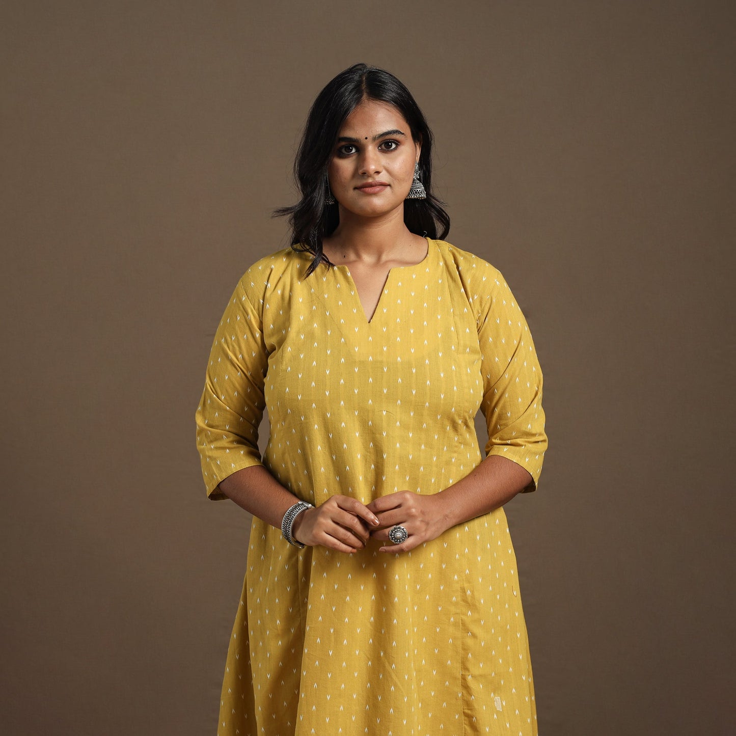 Yellow - a-line cotton jacquard kurta 19 - handcrafted