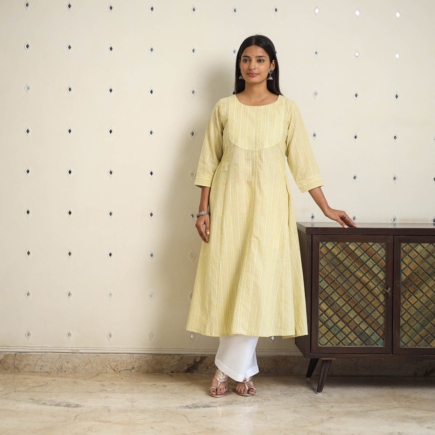 Yellow A-Line Stripe Cotton Kurta