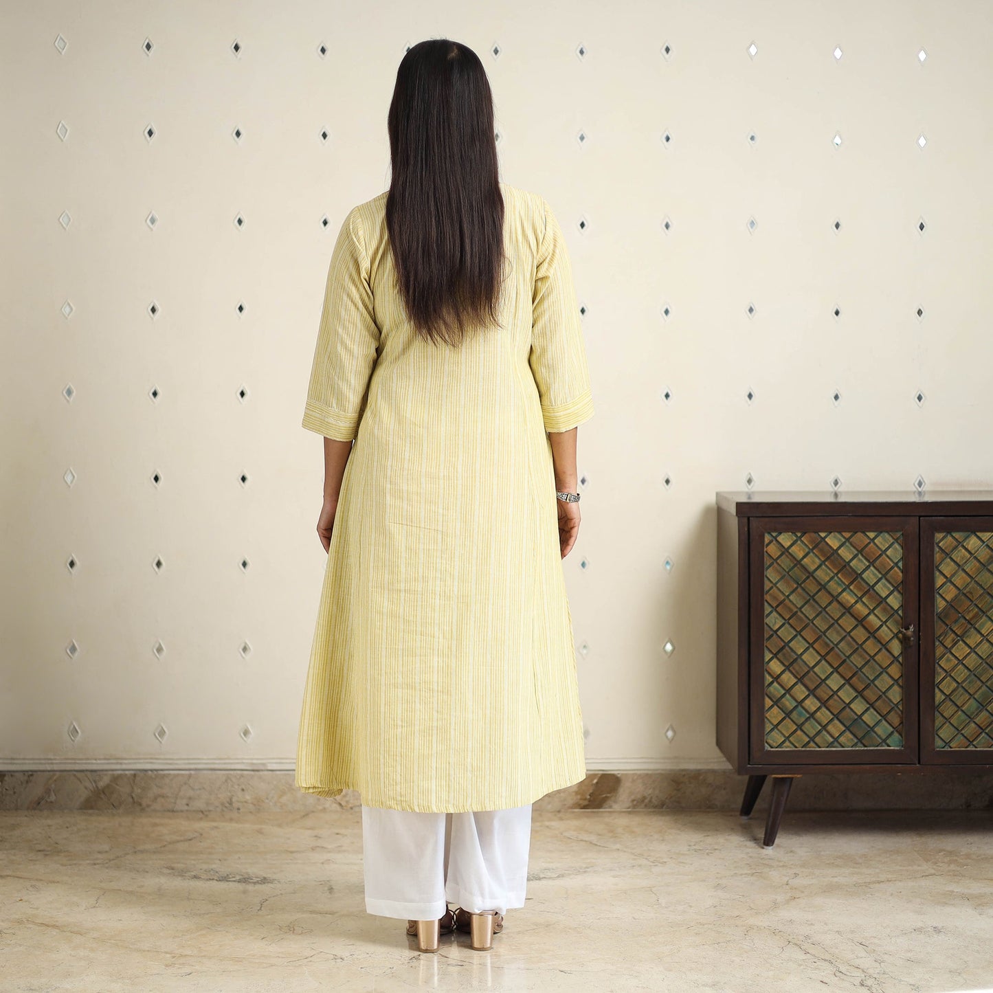 Yellow A-Line Stripe Cotton Kurta