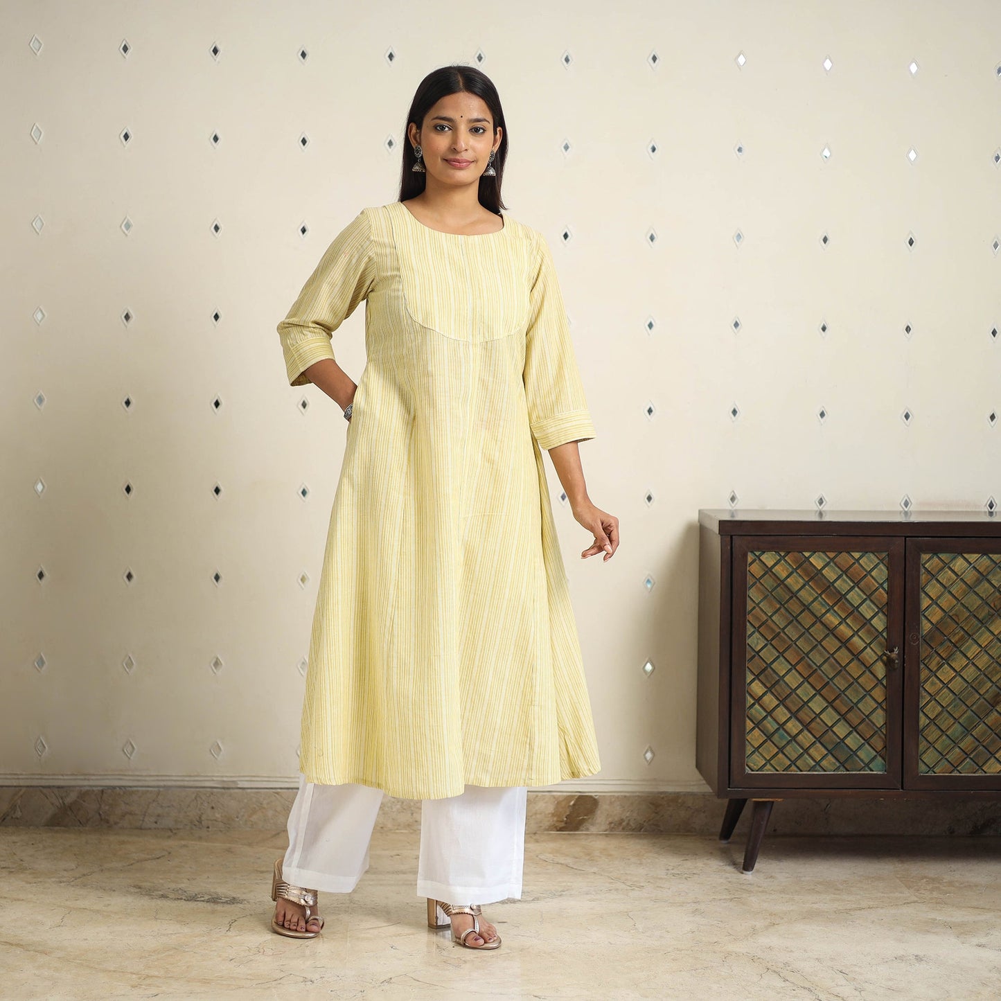 Yellow A-Line Stripe Cotton Kurta