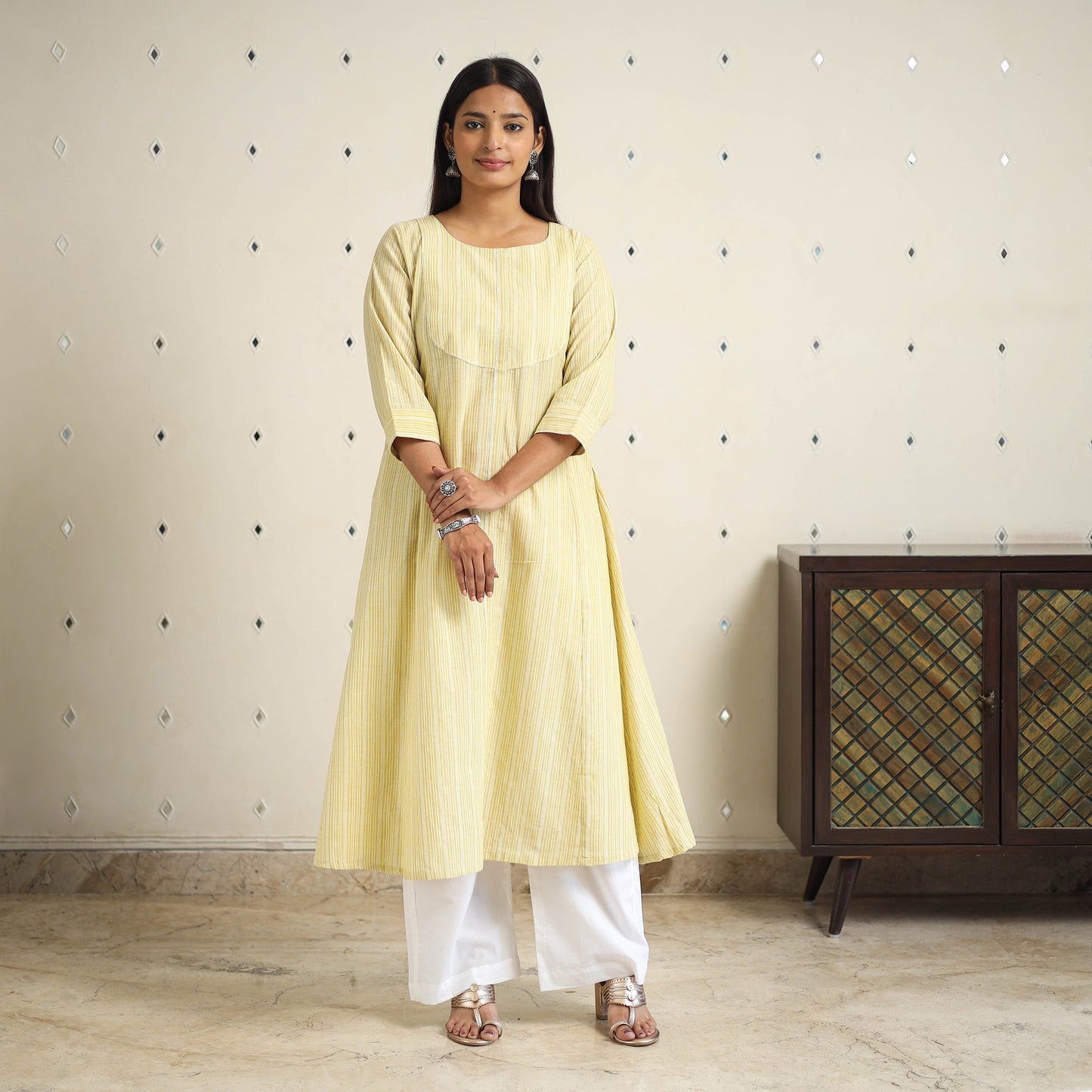 Yellow A-Line Stripe Cotton Kurta