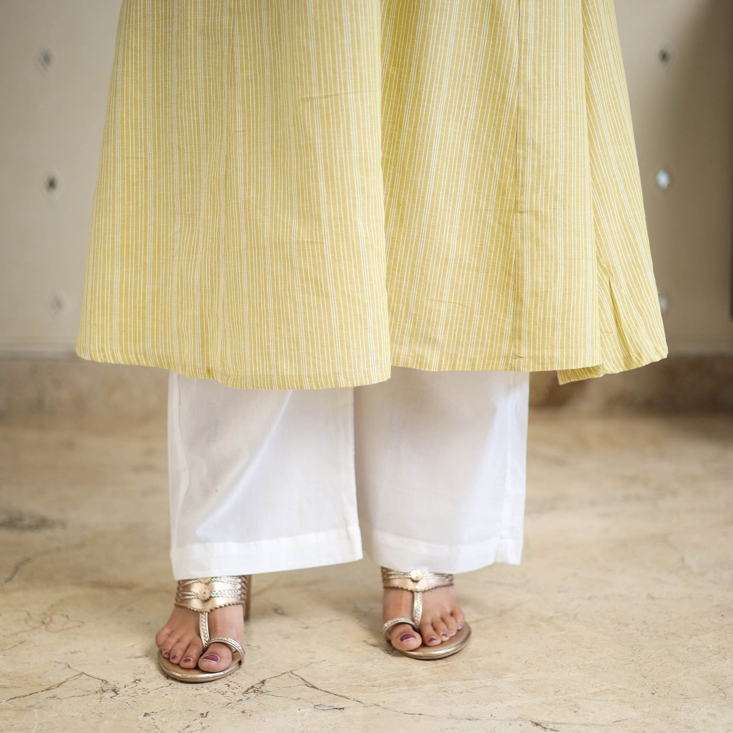 Yellow A-Line Stripe Cotton Kurta