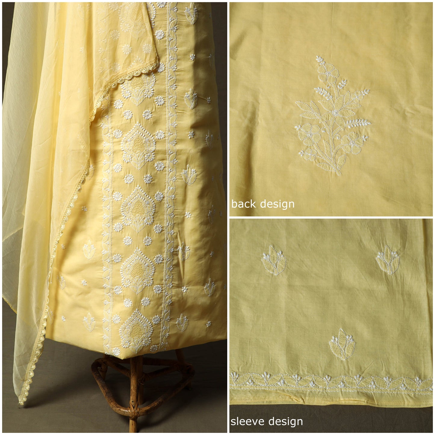 Yellow - lucknowi hand embroidered cotton chikankari 3pc