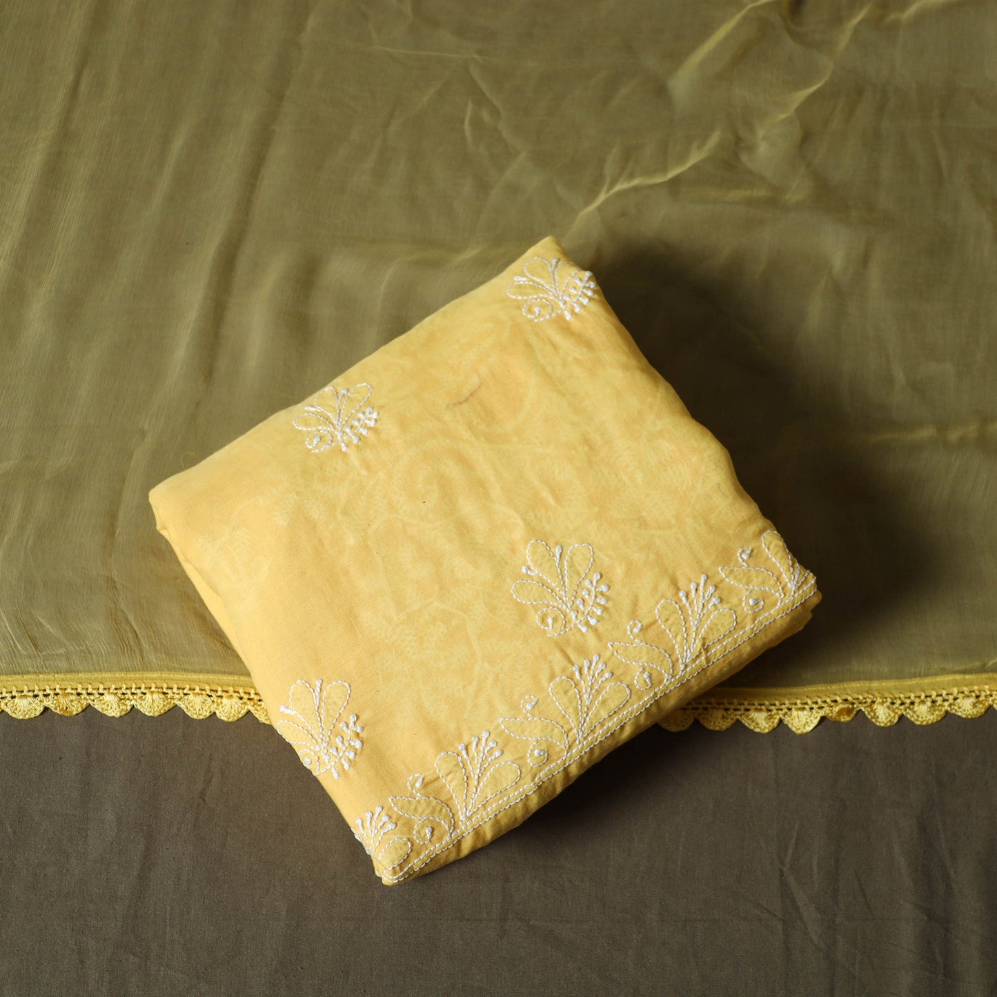 Yellow - lucknowi hand embroidered cotton chikankari 3pc