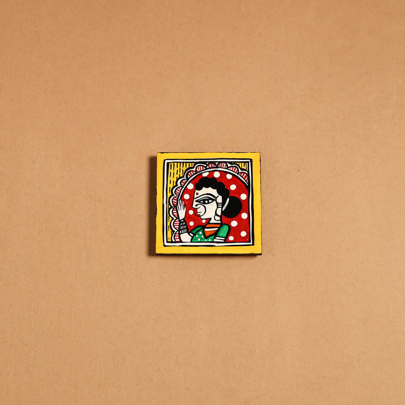 Yellow - madhubani handpainted wooden fridge magnet 45