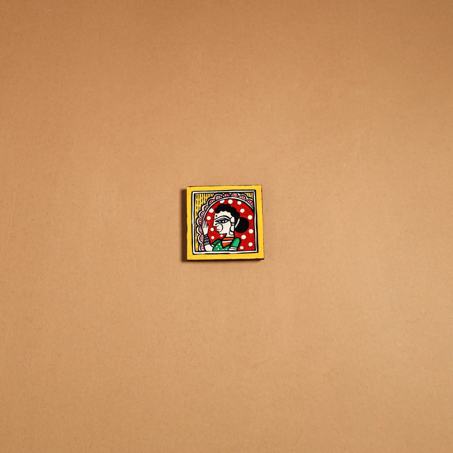 Yellow - madhubani handpainted wooden fridge magnet 45