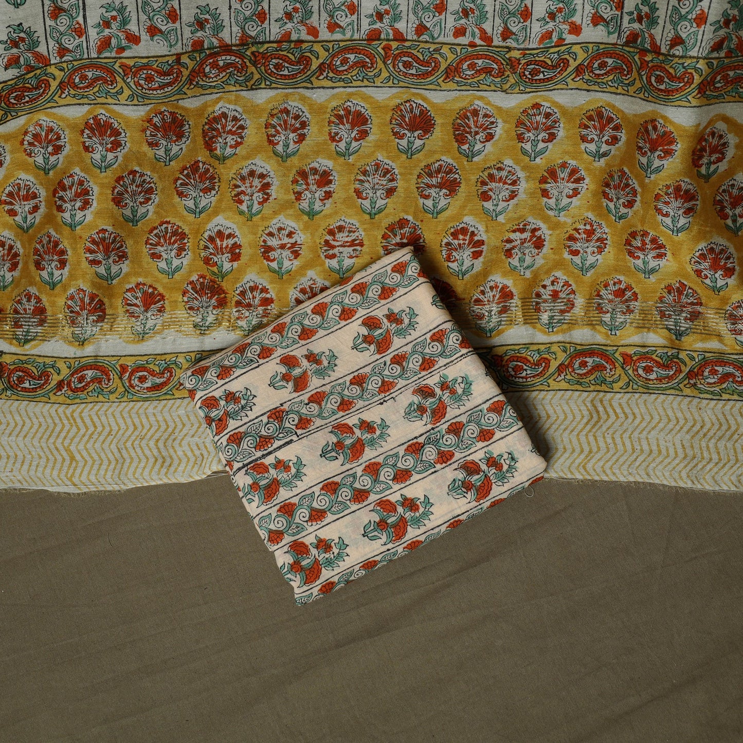 Maheshwari silk hand block sanganeri print 3pc unstitched