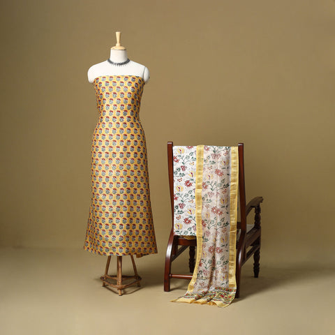 Yellow - maheshwari silk sanganeri hand 3pc unstitched