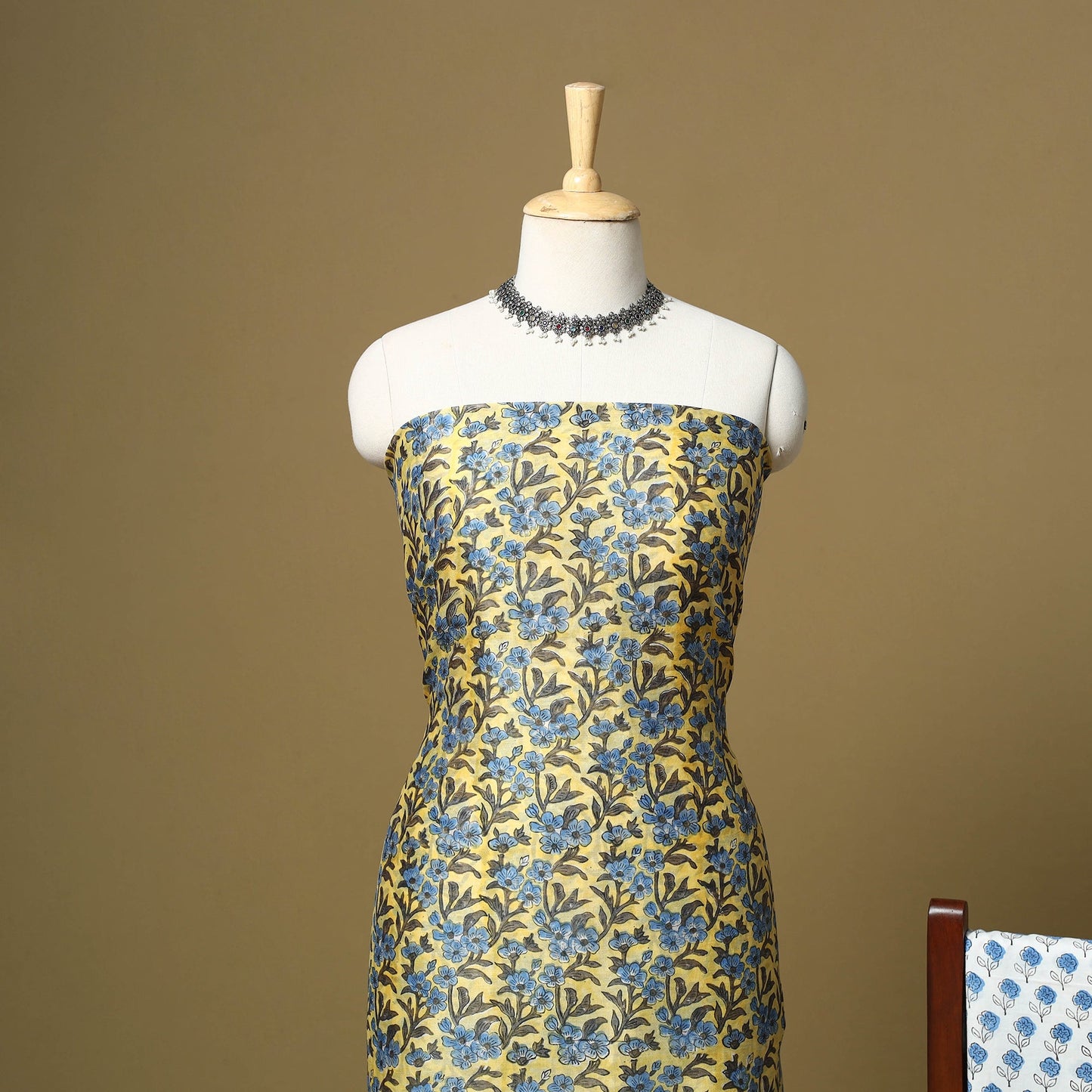 Yellow - maheshwari silk sanganeri hand 3pc unstitched