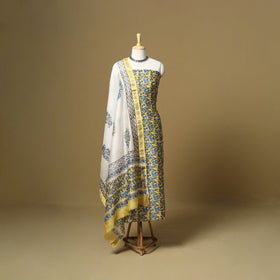 Yellow - maheshwari silk sanganeri hand 3pc unstitched