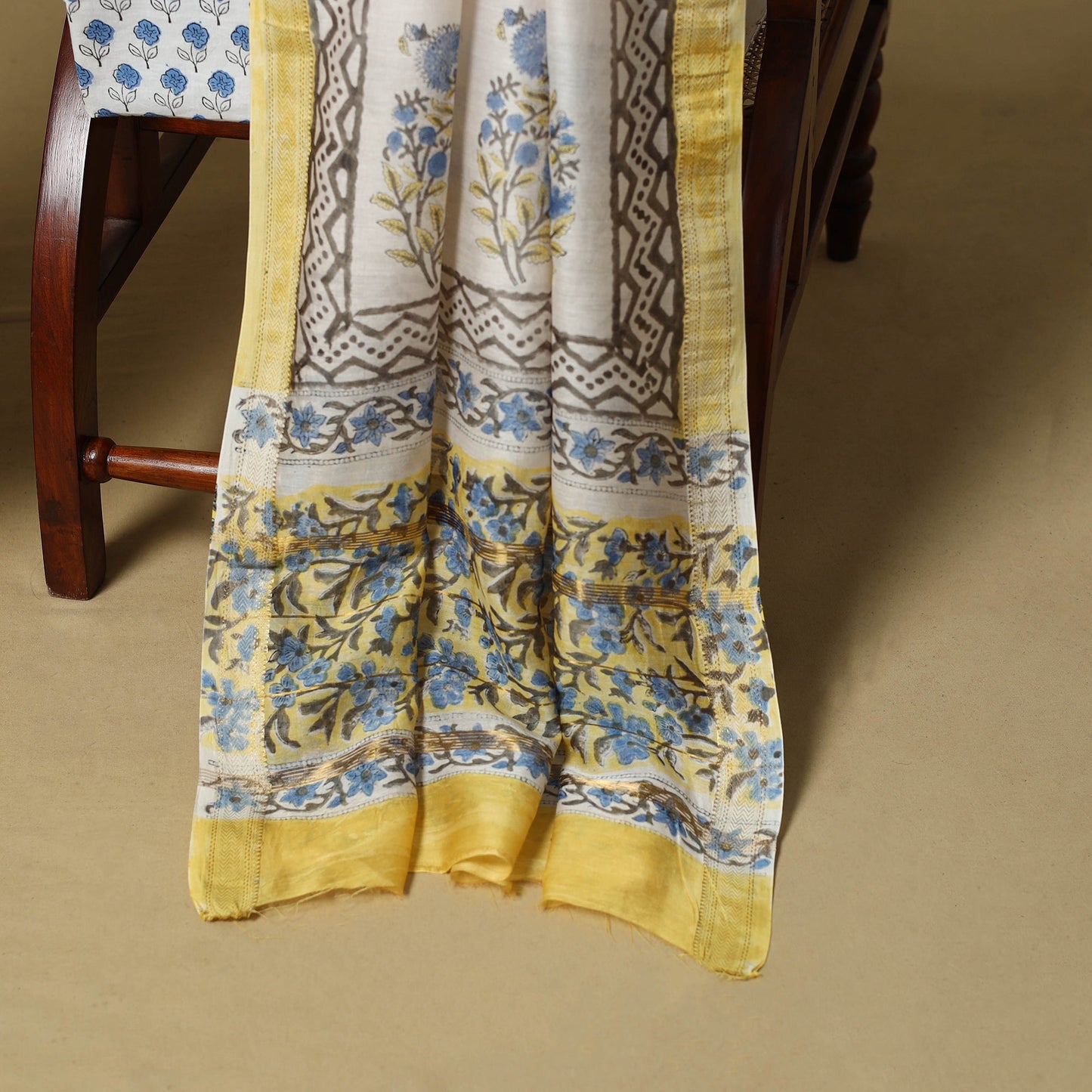 Yellow - maheshwari silk sanganeri hand 3pc unstitched