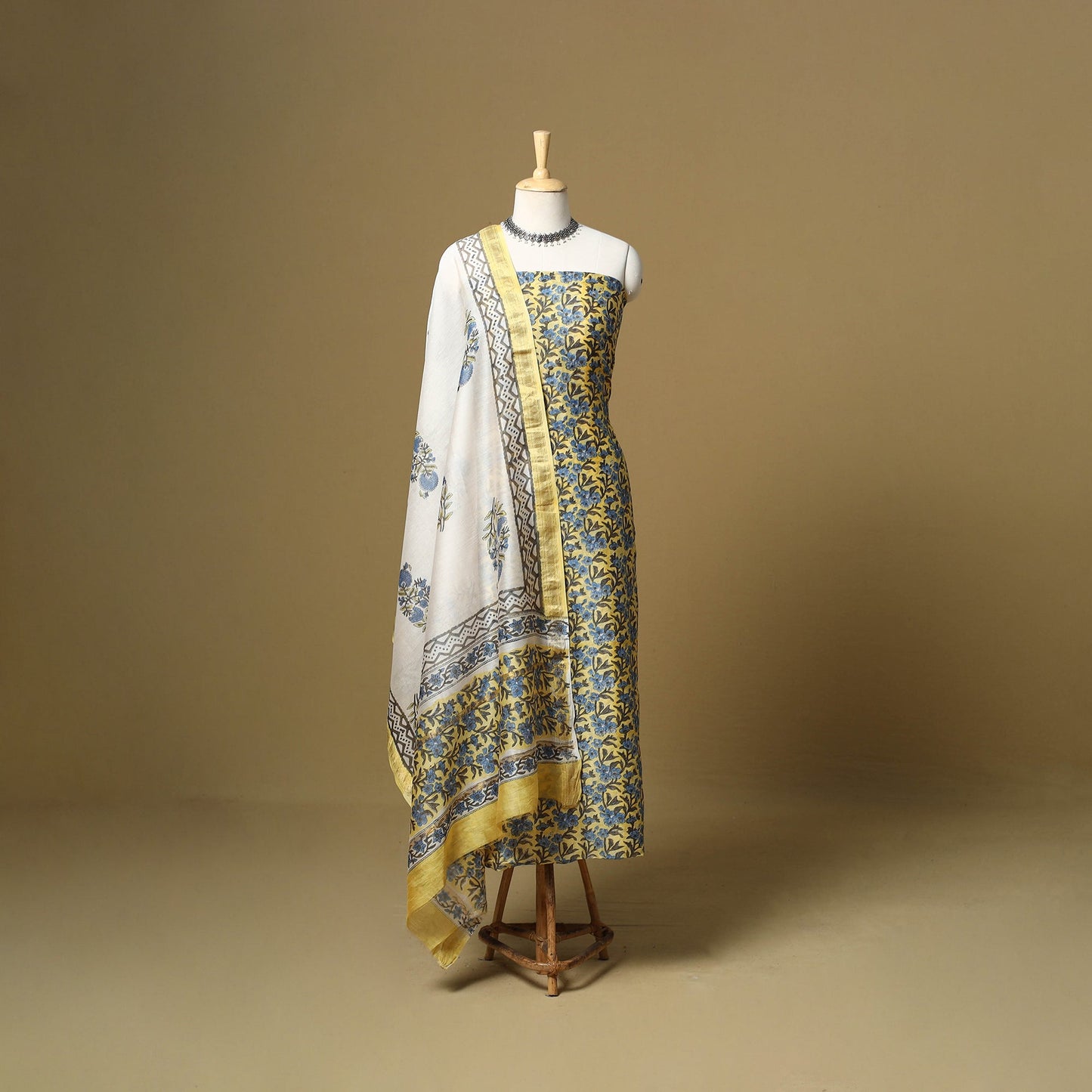 Yellow - maheshwari silk sanganeri hand 3pc unstitched