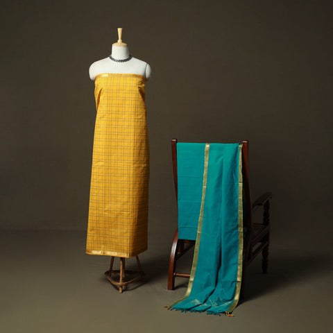 Mangalagiri cotton 3pc unstitched dress material with zari