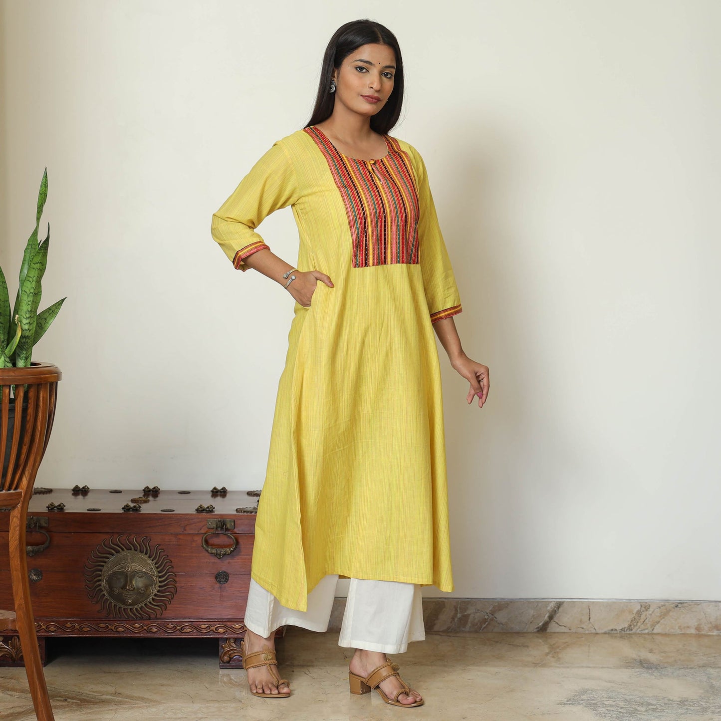  Mangalagiri Handloom Cotton A-Line Kurta with Mashru Patchwork 03 Online at iTokri.com