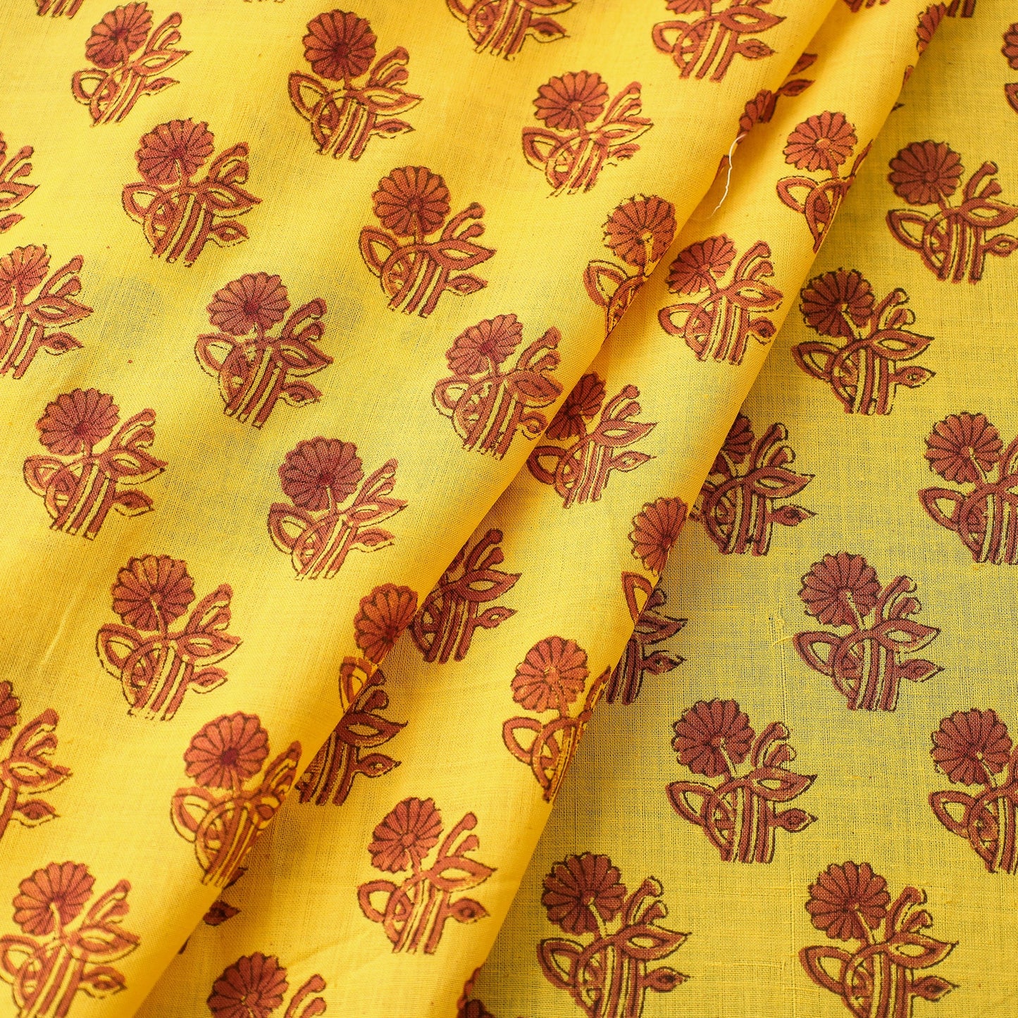 Yellow Mangalagiri Block Printed Handwoven Cotton Fabric 