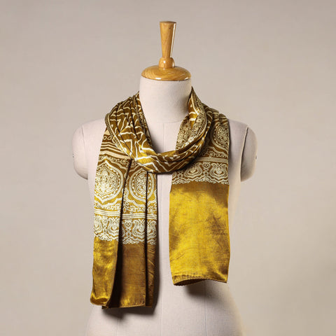 Yellow Mashru Silk Printed Ajrakh Stole 